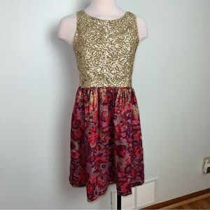 Wren Anthropologie Gold Brocade Fit & Flare Dress Women’s Medium